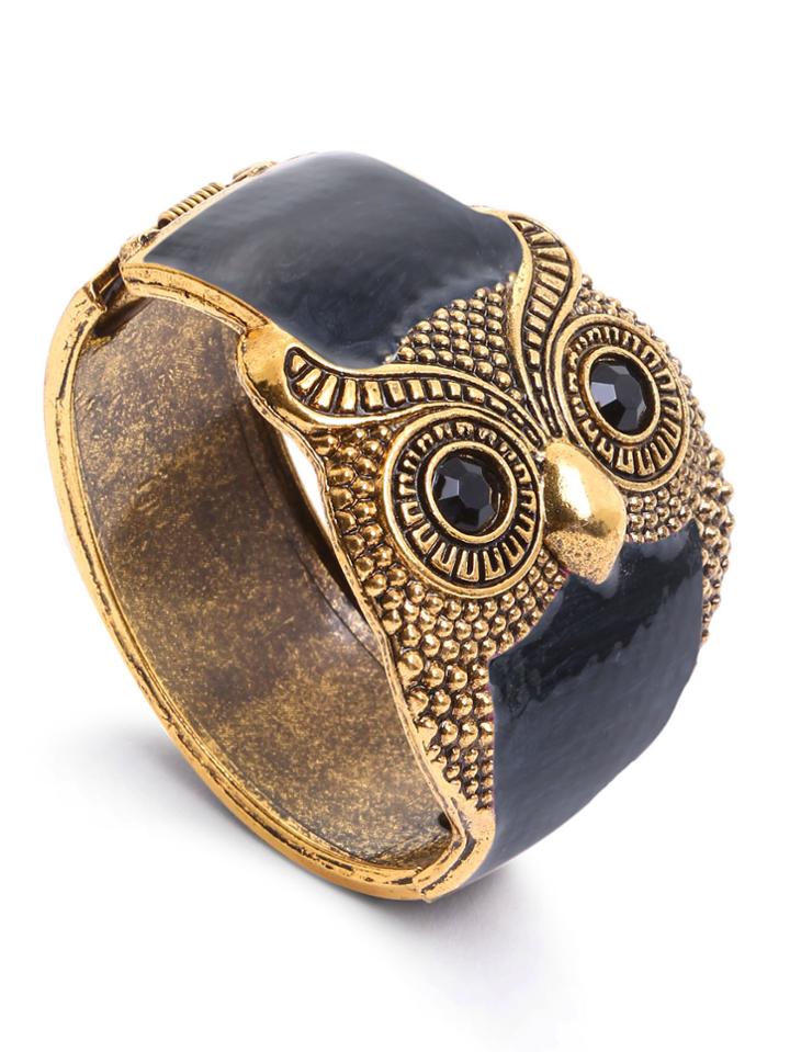 Shein Black Enamel Bronze Metal Retro Owl Wide Bangle