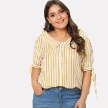 Shein Plus Collared V-neck Tied Cuff Striped Blouse