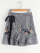 Shein Self Tie Embroidered Asymmetric Ruffle Checkered Skirt