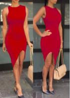 Rosewe Red Round Neck Asymmetric Knee Length Dress