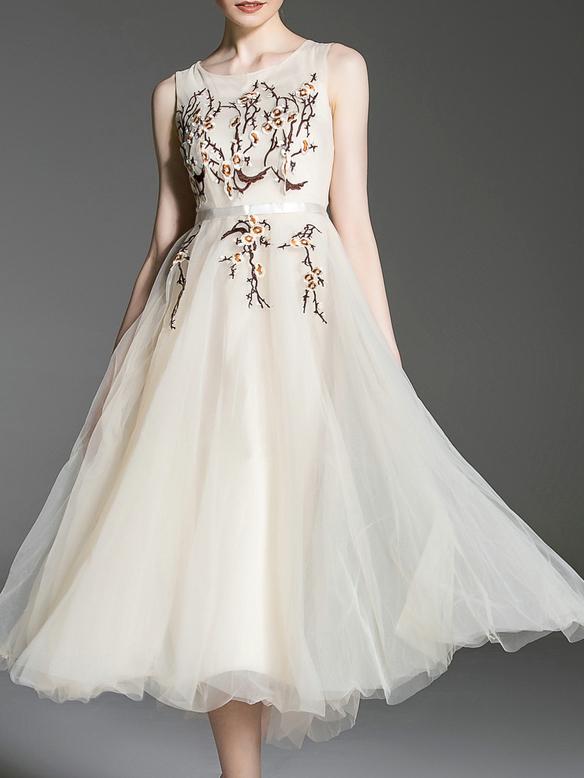 Shein Beige Gauze Embroidered A-line Dress