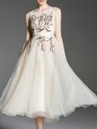 Shein Beige Gauze Embroidered A-line Dress