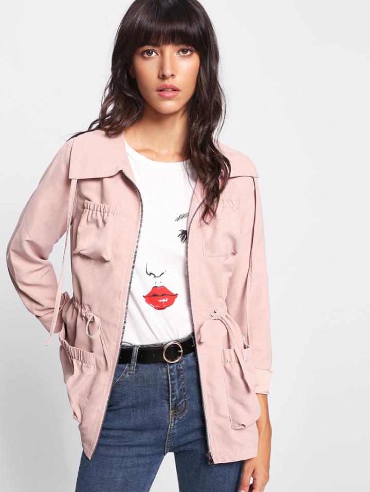 Shein Pocket Patched Drawstring Zipper Jacket