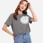 Shein Faux Fur Owl Applique Heathered T-shirt
