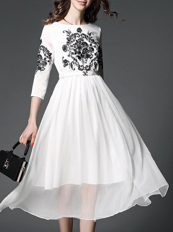 Shein White Embroidered Belted A-line Dress