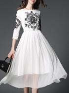 Shein White Embroidered Belted A-line Dress