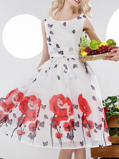 Shein White Backless Tie-waist Butterfly Print Dress