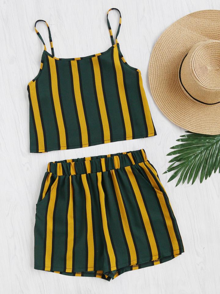 Shein Vertical Striped Crop Cami Top With Shorts