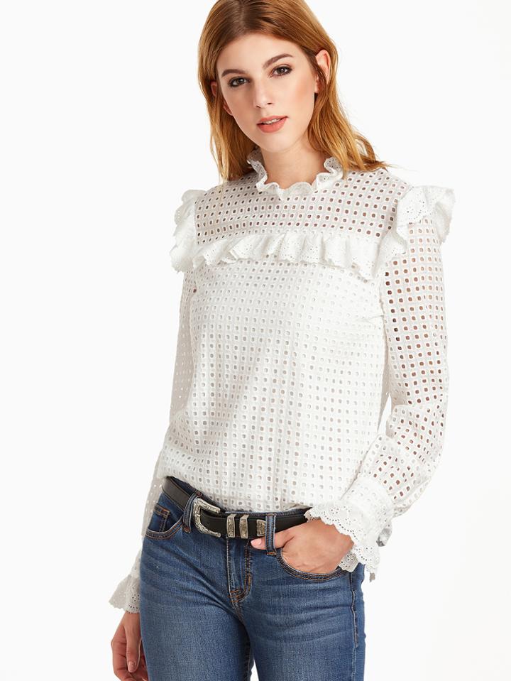 Shein Eyelet Embroidered Keyhole Back Ruffle Trim Top