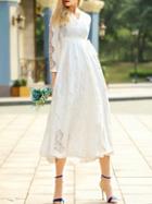 Shein White V Neck Tie-waist Lace Long Dress