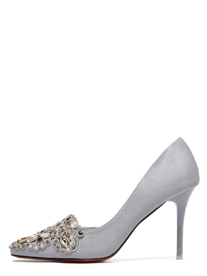 Shein Grey Party Pointed Toe Rhinestone Stiletto Heels