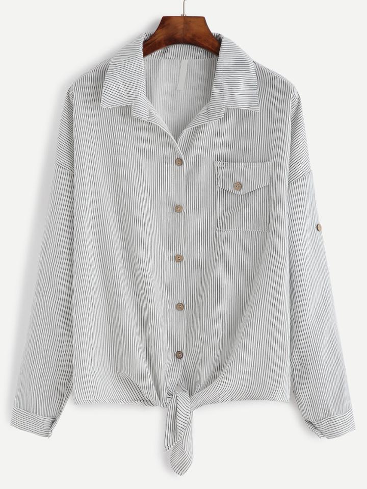 Shein Contrast Vertical Striped Drop Shoulder Knotted Hem Shirt
