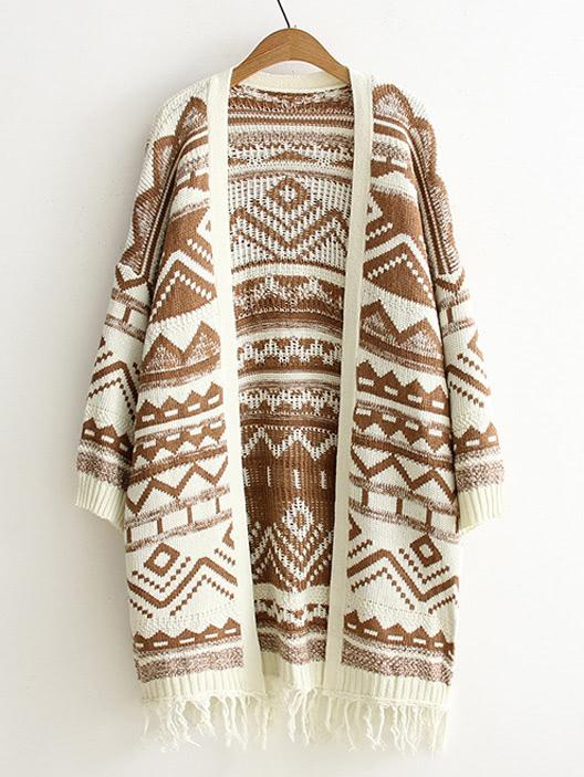 Shein Drop Shoulder Geo Pattern Fringe Hem Cardigan