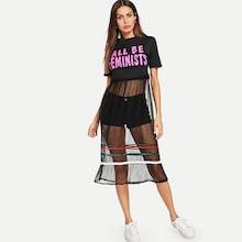 Shein Letter Print Contrast Mesh Dress