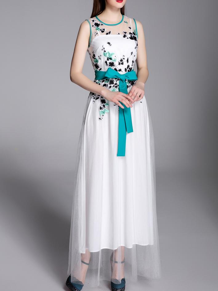 Shein White Gauze Embroidered Tie-waist Maxi Dress