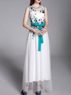 Shein White Gauze Embroidered Tie-waist Maxi Dress