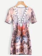 Shein Lace Up Deep-plunge Neck Abstract Print Dress
