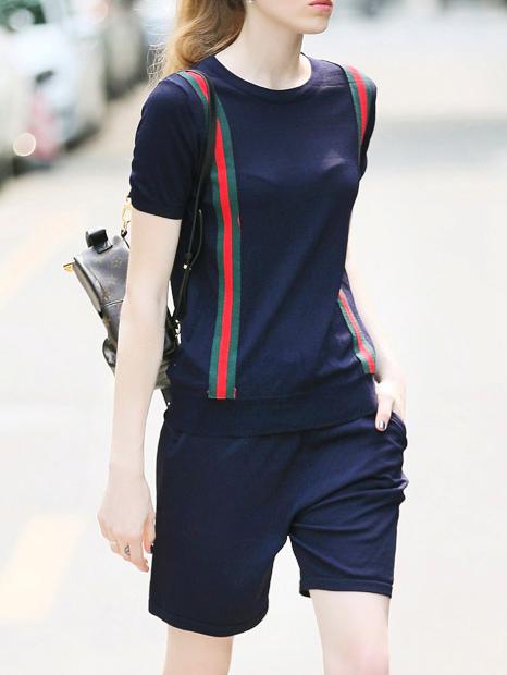 Shein Navy Knit Top With Pockets Shorts