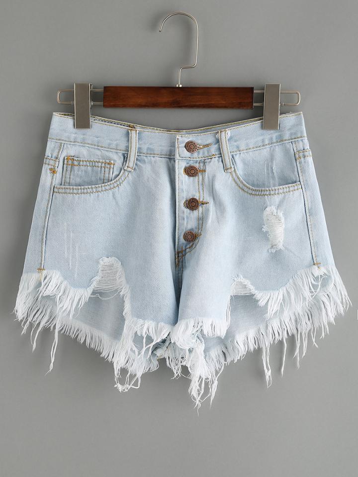 Shein Buttoned Fly Frayed Light Blue Denim Shorts