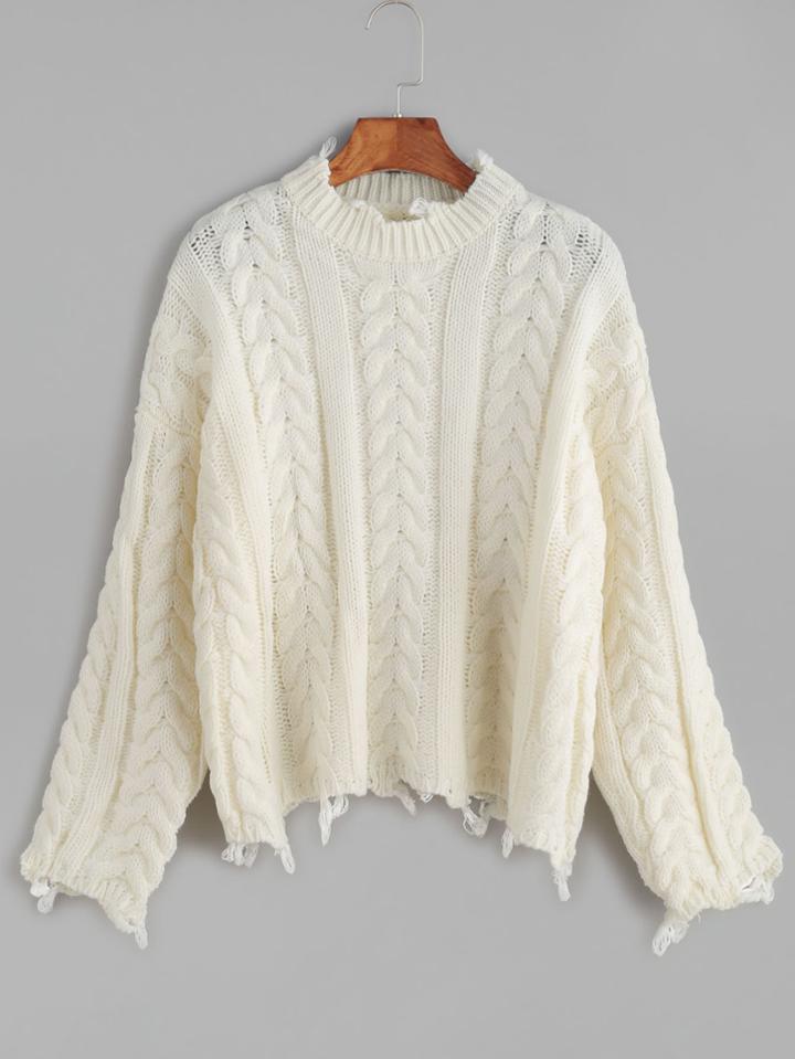 Shein White Drop Shoulder Cable Knit Frayed Sweater