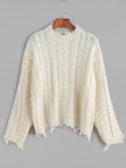 Shein White Drop Shoulder Cable Knit Frayed Sweater