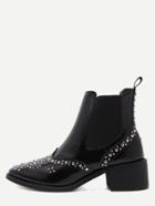 Shein Black Patent Leather Square Toe Wingtip Studded Boots