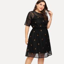 Shein Plus Embroidered Sheer Mesh Overlay Dress