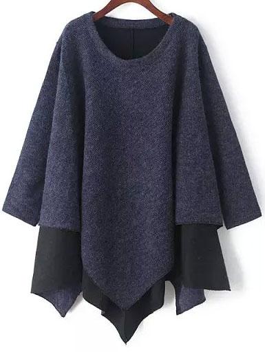 Shein Navy Round Neck Contrast Hem Asymmetrical Sweater