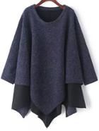 Shein Navy Round Neck Contrast Hem Asymmetrical Sweater