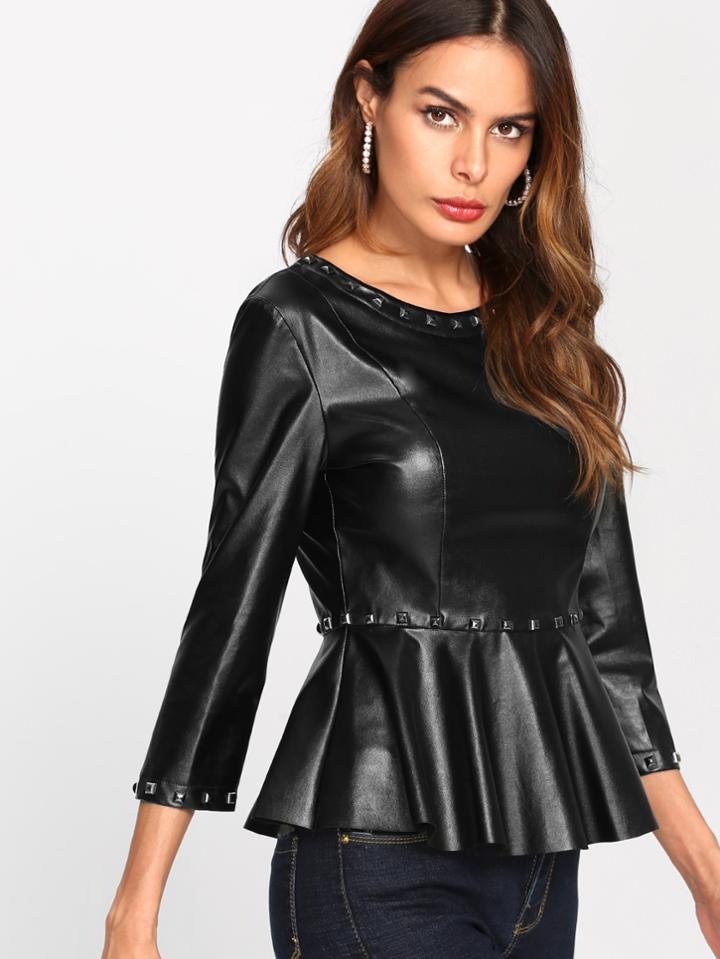 Shein Studs Detail Faux Leather Peplum Top