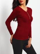 Shein Red V Neck Ribbed Slim Sweater With Buttons