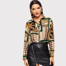 Shein Scarf Print Curved Hem Blouse