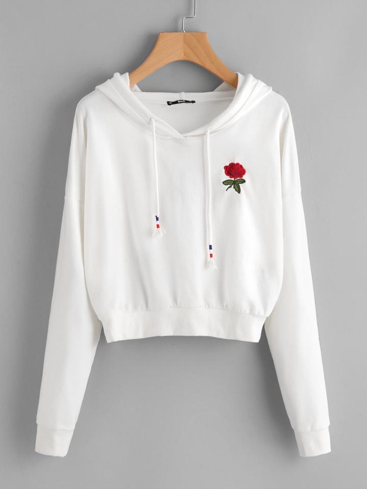 Shein Drop Shoulder Rose Embroidered Hoodie