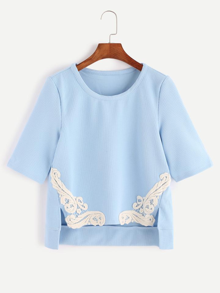 Shein Blue Appliques Trim High Low T-shirt