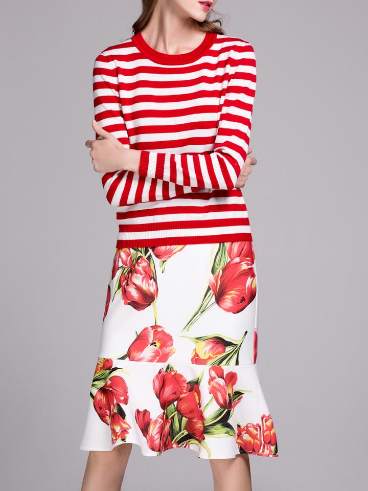 Shein Red White Striped Knit Top With Print Skirt