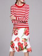 Shein Red White Striped Knit Top With Print Skirt