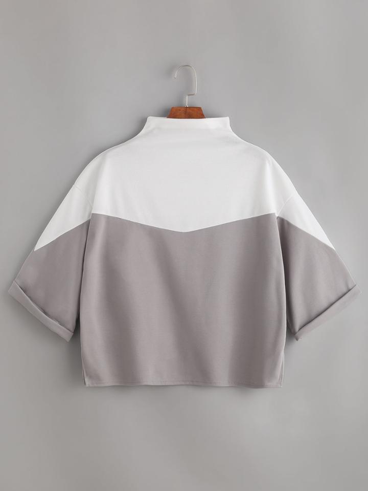 Shein Color Block Mock Neck Cuffed T-shirt