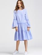 Shein Pom Pom Trumpet Sleeve Tiered Pinstripe Dress