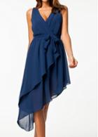 Rosewe Chiffon Wrap V Neck Asymmetric Navy Blue Dress