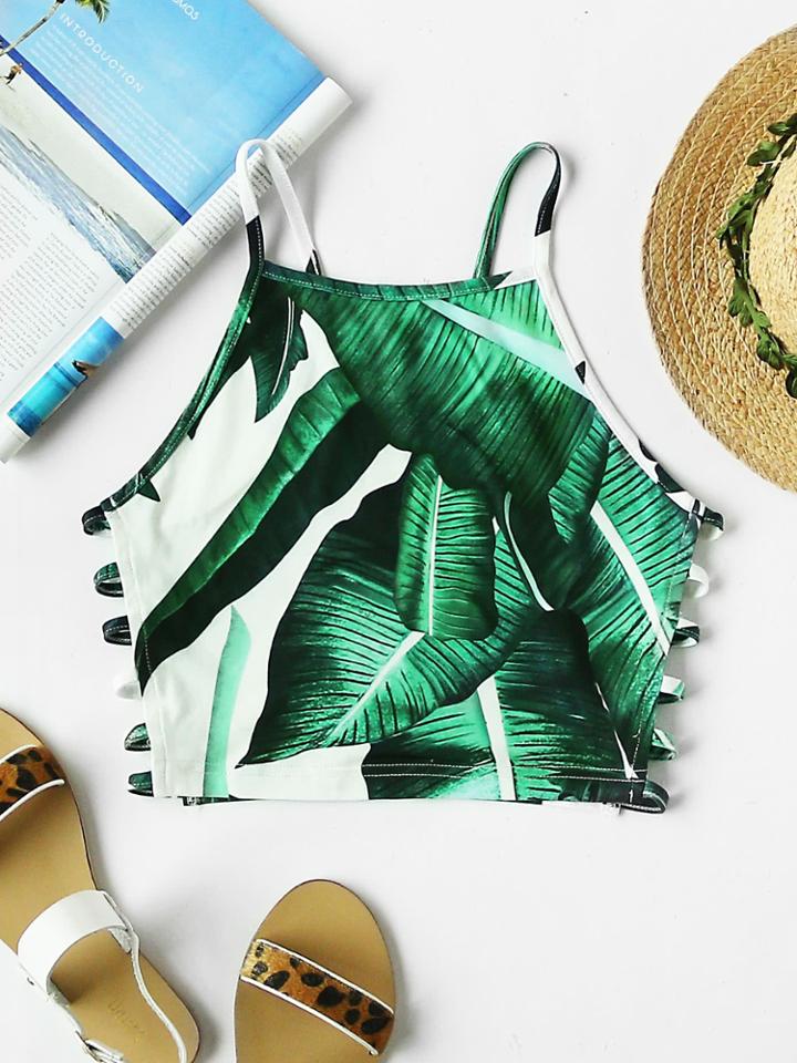 Shein Palm Leaf Print Ladder Strap Side Racer Cami Top