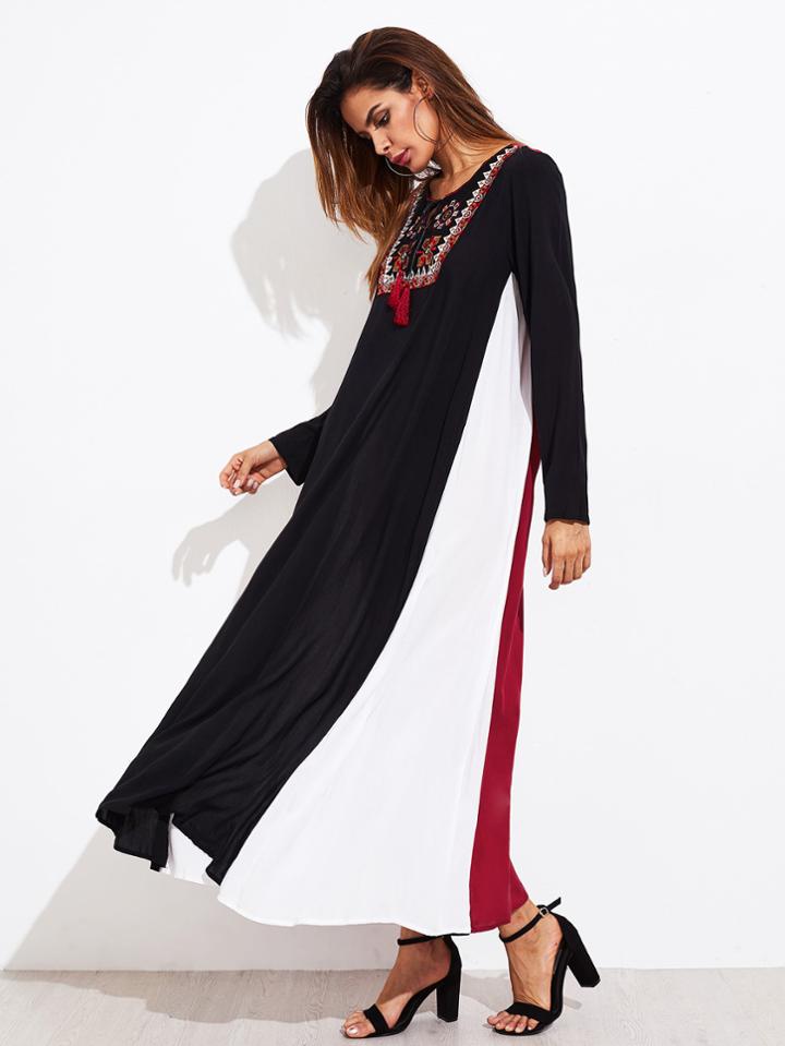 Shein Tassel Tie Embroidered Yoke Panel Dress