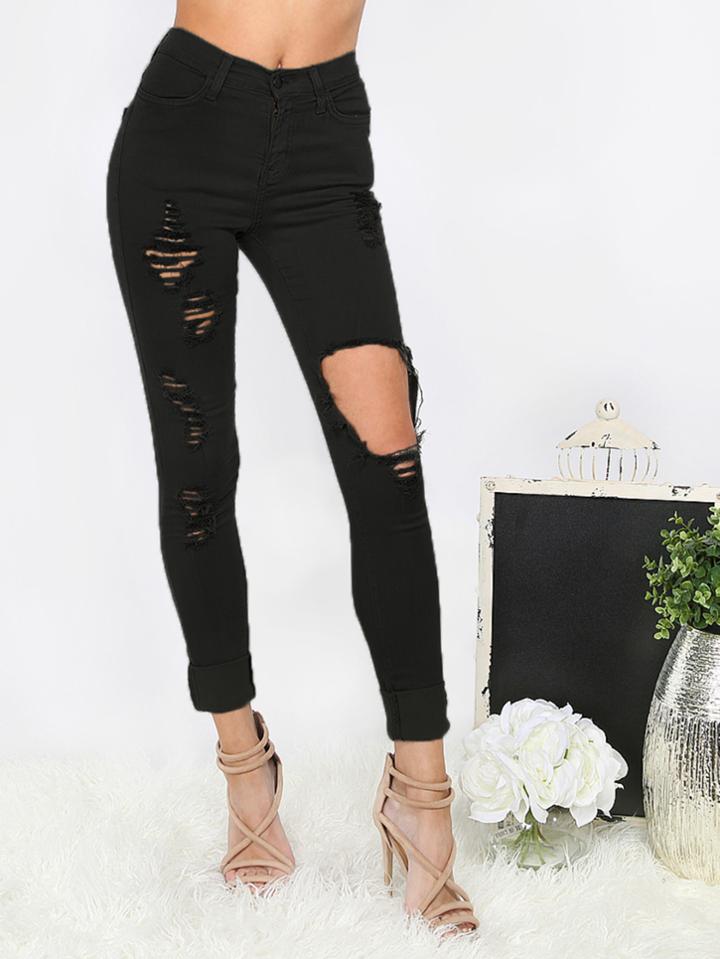 Shein Black Cut Out And Ripped Turn Up Long Pants