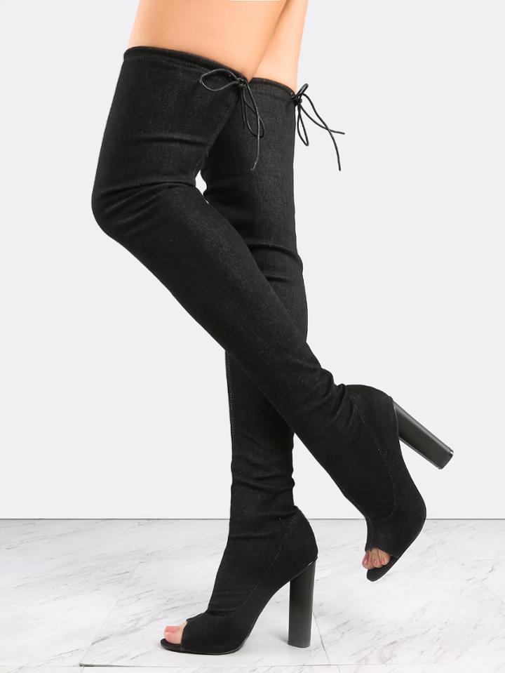 Shein Black Denim Peep Toe Chunky Heel Over The Knee Boots