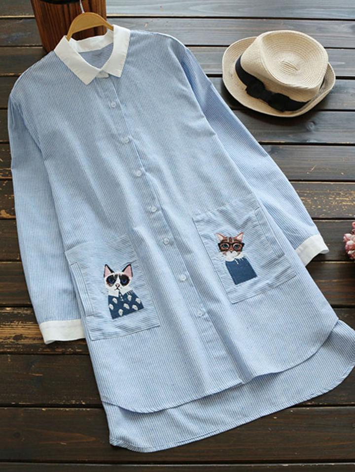 Shein Contrast Trim Cat Embroidered Pocket Longline Blouse
