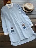Shein Contrast Trim Cat Embroidered Pocket Longline Blouse