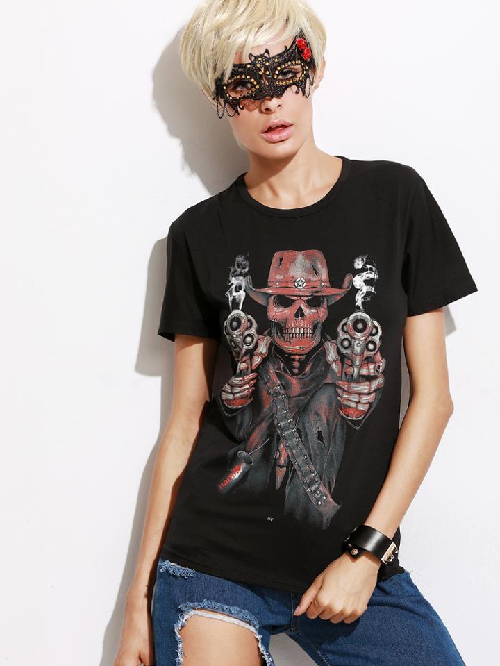 Shein Black Printed Round Neck Boyfriend T-shirt