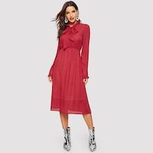 Shein Tie Neck Ruffle Cuff Solid Dress