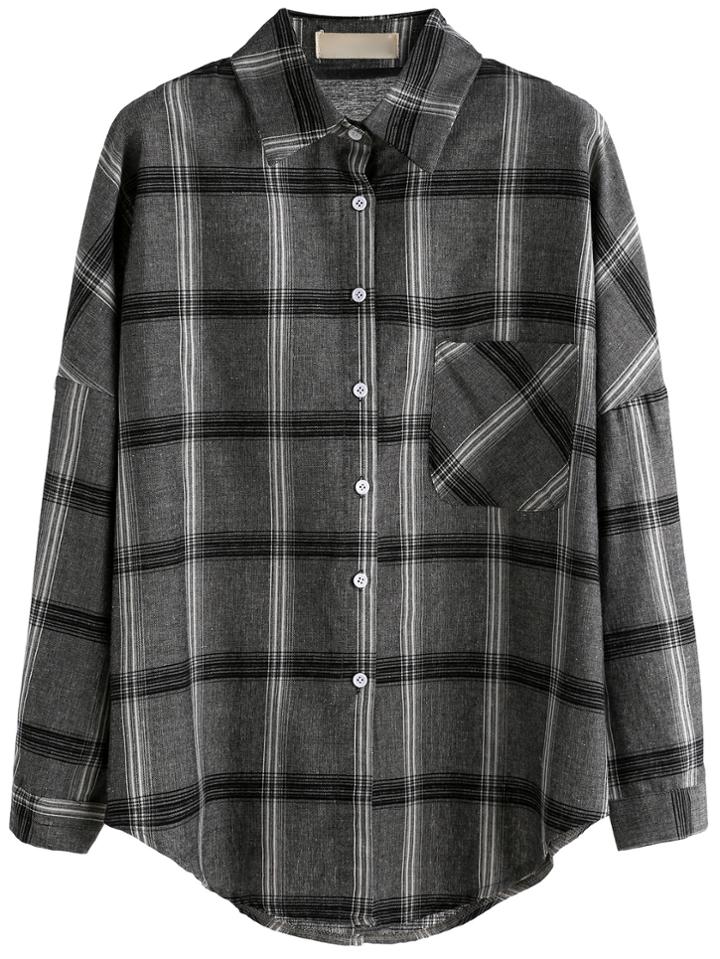 Shein Grid Print Curved Hem Pocket Shirt