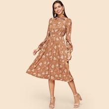 Shein Allover Botanical Print Tie Neck Dress