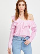 Shein Striped Off Shoulder Asymmetric Placket Frill Top